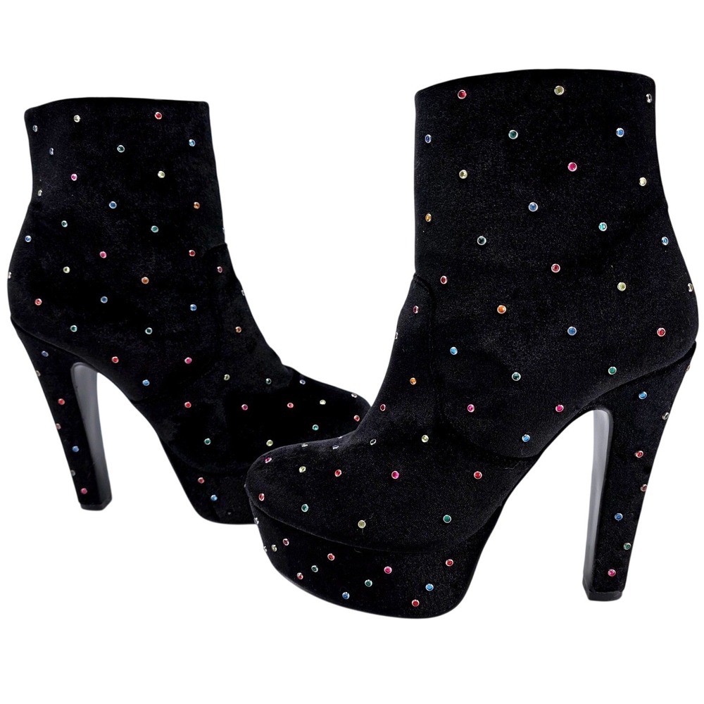 Kurt Geiger Spear Stud Ankle Boots Black Velvet Rhinestones Platform Heels 7.5